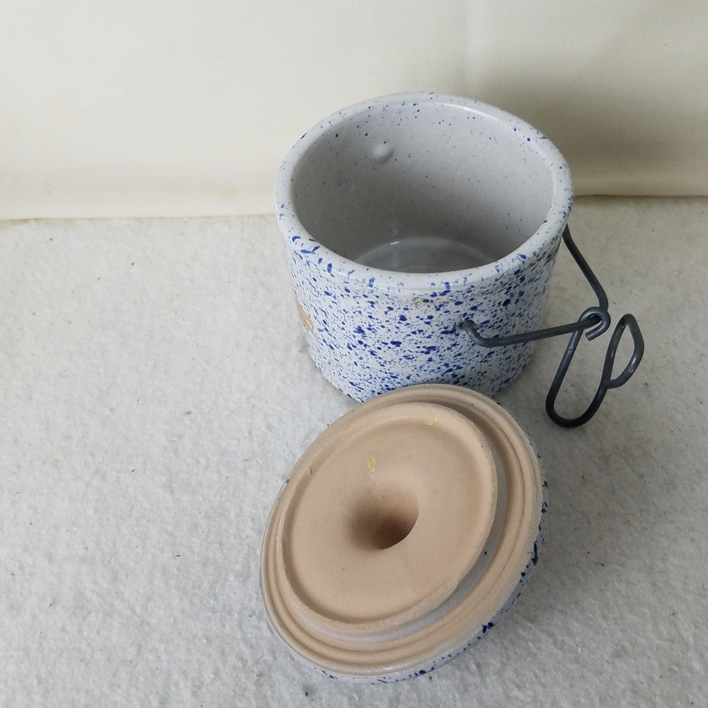 Stoneware Crock Small Blue Spatterware Lid Wire Handle vintage Farmcore butter - Picture 5 of 8